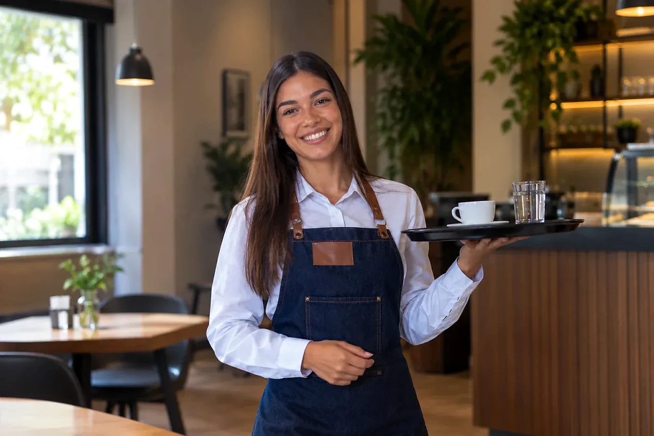 Copeira sorridente servindo café e água numa bandeja